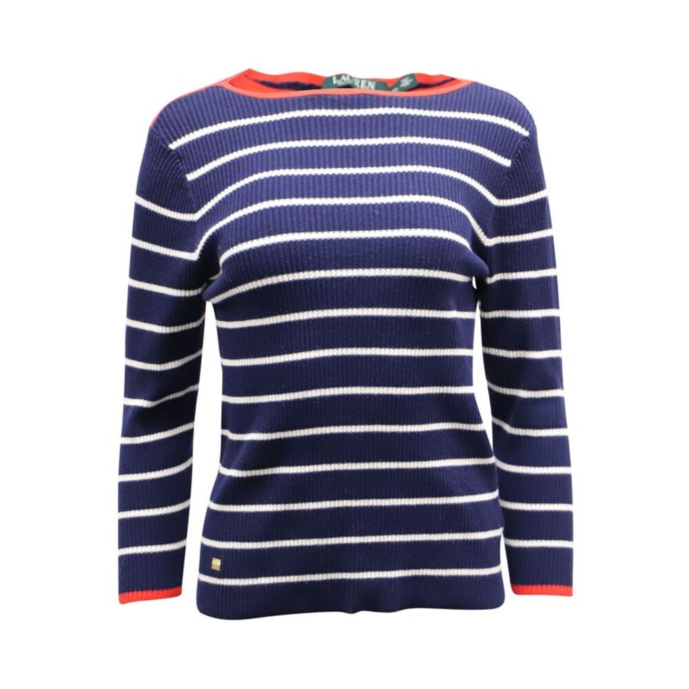 Lauren Ralph Lauren Stripe Ribbed Sweater in Navy Blue Cotton